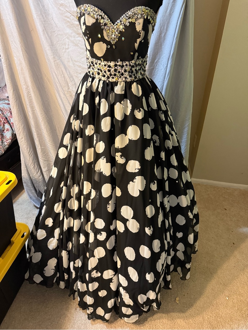 Strapless Black and White Polka Dot Prom Dress with Beaded Waist